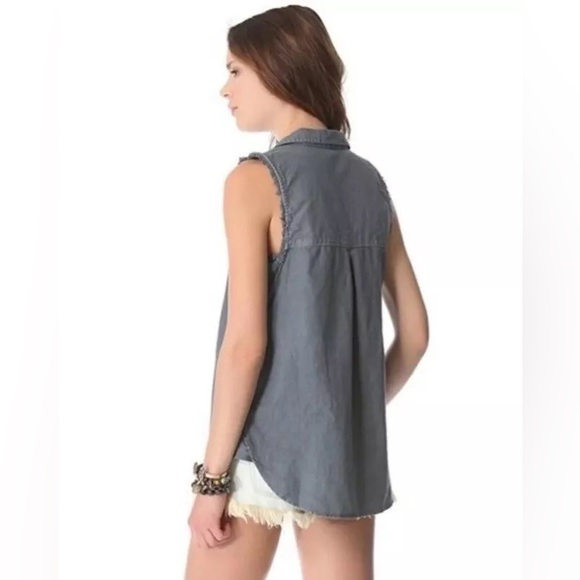 Free People Linen Button Front Sleeveless Grey Top Frayed Edges size medium - Picture 2 of 6